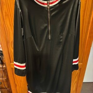 Chic Black Long Sleeve Dress with Red and White Trim